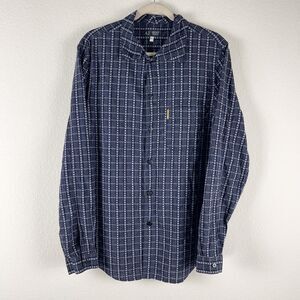 Armani Jeans Shirt Mens XL Blue Embroidered Button Up Pattern Tribal Aztec Italy